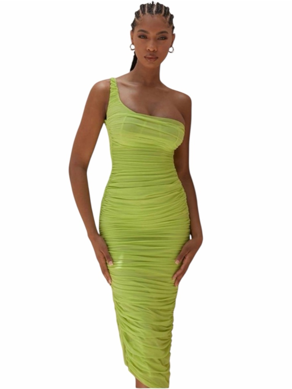 NWT House of CB Nia Neon Green Midi Ruched Bodycon One Shoulder Dress Size XS